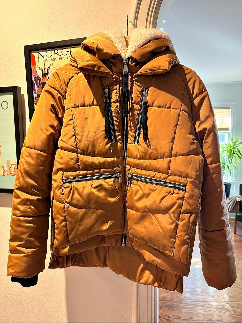 7 For All Mankind Sherpa-Lined Hooded Puffer Jacket - Camel Brown
